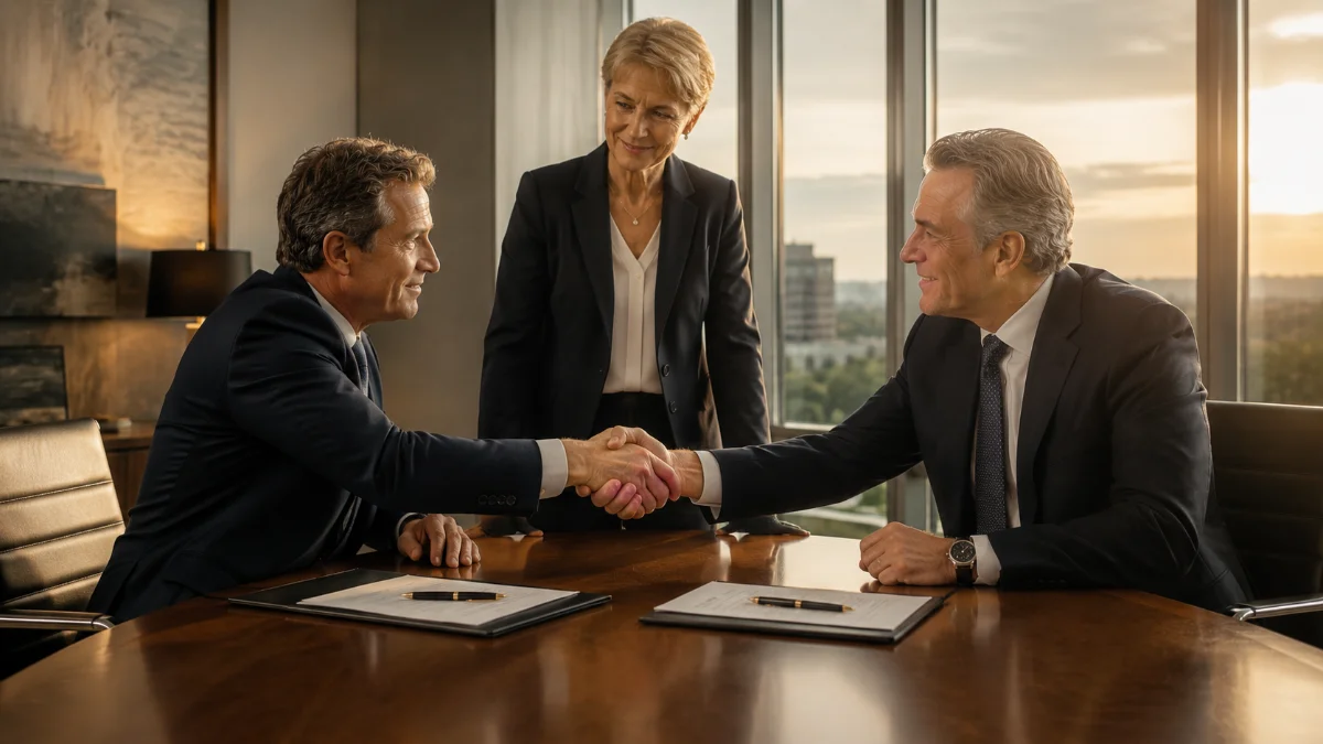 Principals closing a high-stakes negotiation