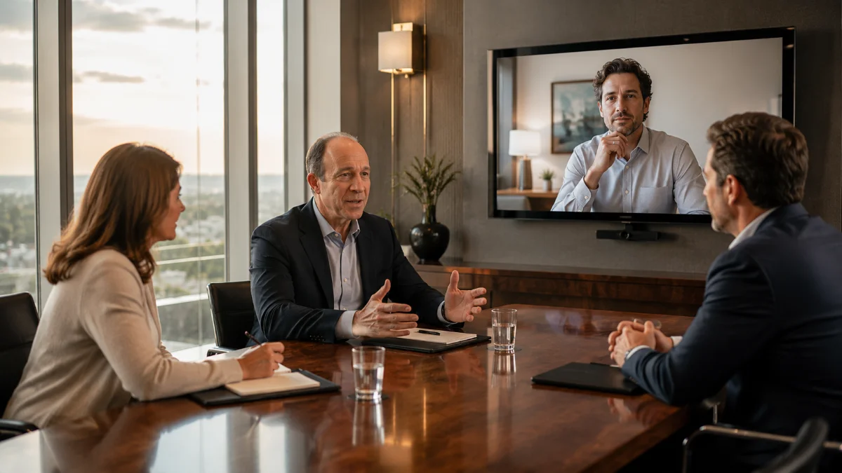 A structured mediation session: in-person table and a Zoom screen side by side