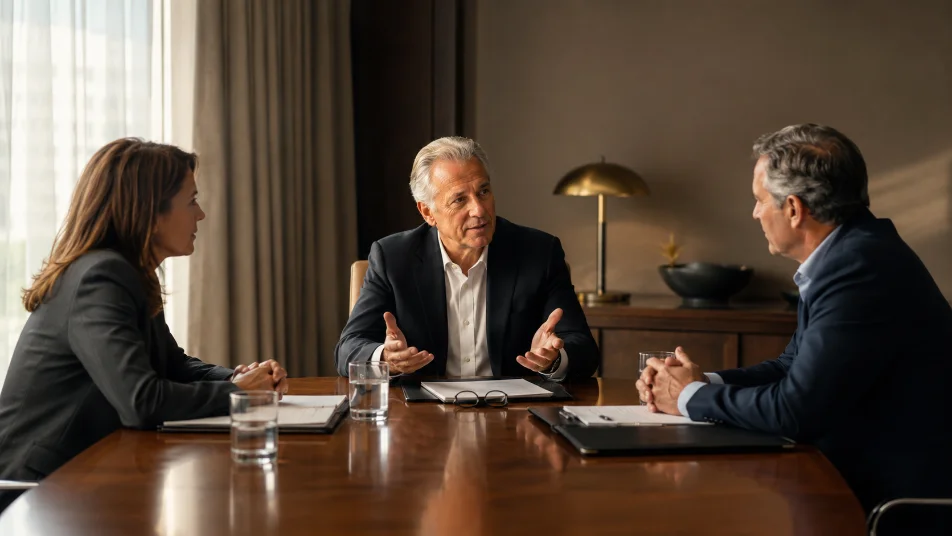 Two principals and a mediator at a conference table